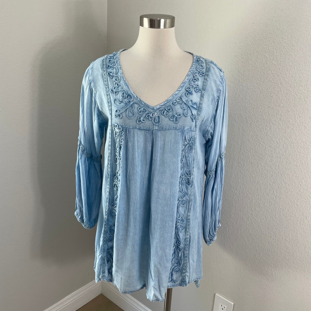S.R. Fashion Womens Plus XXL Blue Embroidered Tunic Top Long Sleeve Boho V Neck